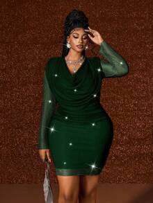 Maweii Plus Size Women's Dark Green Autumn Elegant Rave Party Dress, Long Sleeve Ruched Waist Bodycon Mini Dress With Shiny Mesh Wedding Guest Banquet - Dark Green - View 1