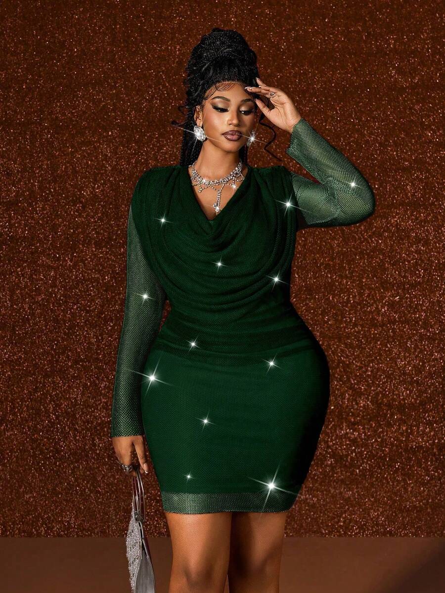 Maweii Plus Size Women's Dark Green Autumn Elegant Rave Party Dress, Long Sleeve Ruched Waist Bodycon Mini Dress With Shiny Mesh Wedding Guest Banquet - Dark Green - View 1