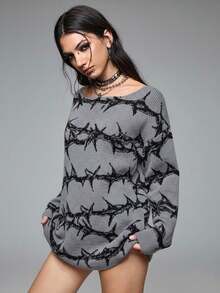 ROMWE Grunge Punk Autumn/Winter Fashion Punk Thorn Pattern Loose Pullover Sweater