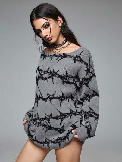 Grunge Punk Herbst/Winter Mode Punk Dornenmuster Loose Pullover Sweater