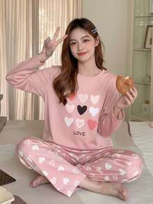 SHEIN Valentine's Day  2pcs/Set Teen GirlPink Heart & Letter Print Pajama Set, Long Pants & Long Sleeve, Comfortable Loungewear - Multicolor - View 3