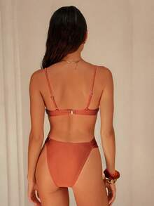 Swim Chiccia 女士纯色细肩带可调节钢圈支撑度假泳衣套装 - 鏽棕色 - 查看 2