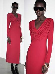 Lumivelle Women's Elegant Plunging Neck Long Sleeve Bodycon Dress, Suitable For Holiday Party, Banquet, Date, Autumn/Winter Cowl Neck Dress Dress Red Draped Dress Drape Dress - Red - View 3