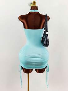 Amplova 2022新款水钻装饰无肩带无袖迷你连衣裙，街头风女装 - 藍色 - 查看 2