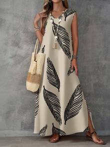 EMERY ROSE 女士休闲树叶图案V领长裙，适合秋夏季 - 彩色 - 查看 1