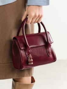 SHECARRY Túi xách vuông nhỏ thời trang nữ phong cách đại học đi làm có khóa trang trí tinh tế, thích hợp để đi làm - Đỏ - Xem 7