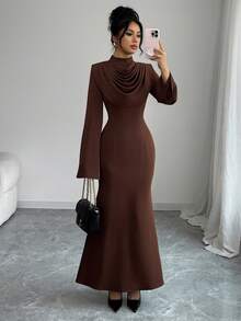 SHEIN Elenzya 女士纯色立领喇叭袖褶皱修身鱼尾下摆优雅连衣裙 - 咖啡 - 查看 5