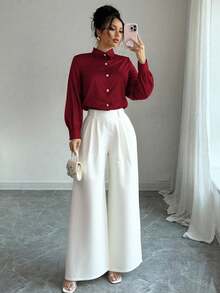 Franclia Áo sơ mi dài tay cổ bẻ cài nút đơn và quần ống rộng xếp ly cho nữ - Trang phục dự tiệc thanh lịch - Nhiều màu - Xem 3