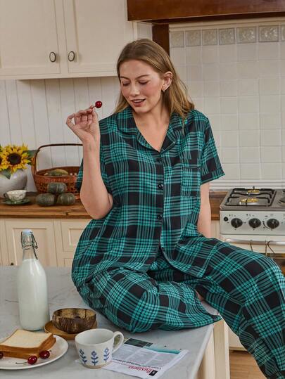 SHEIN Doze Lane Plus Size Women Collared Button-Up Crinkle Plaid Print Short Sleeve Pajama Set Summer Pijama Sets For Women Lounge Sets For Women Sleepwear Teal Pajamas Pajamas Set For Woman