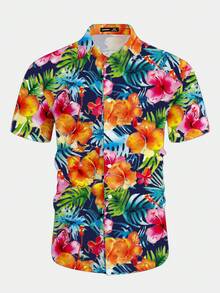VIVINTIMO Men's Floral Print Button Front Casual Vacation Short Sleeve Shirt - Multicolor - View 3