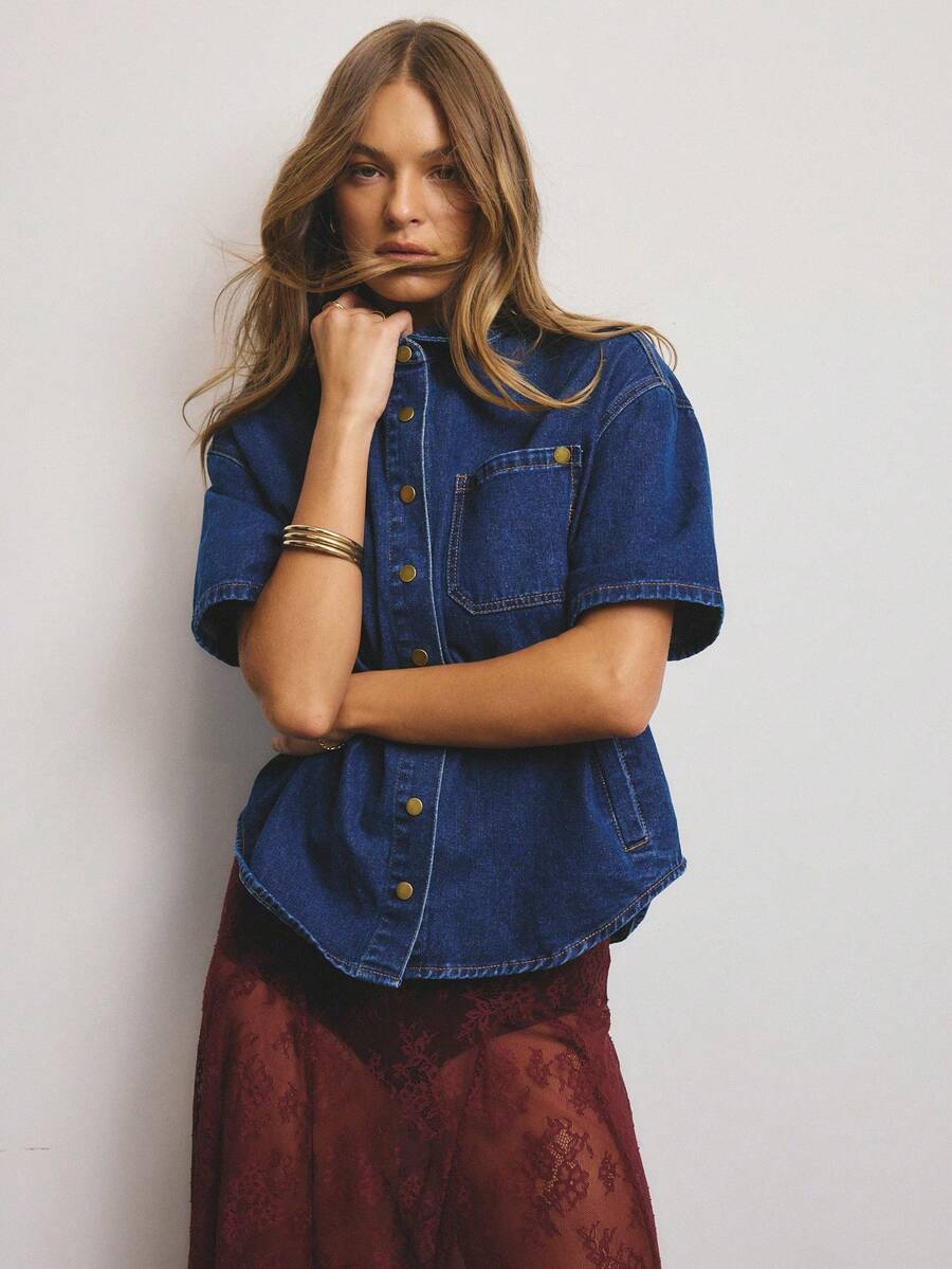 Aralina Damen Lässig Sommer Jeans Boxy Passform Kurzarm Hemd mit Druckknopfverschluss, perfekt für Weihnachtspartys, Silvesterpartys und Ausgehabende Outfits - Dunkle Waschung - Übersicht 1