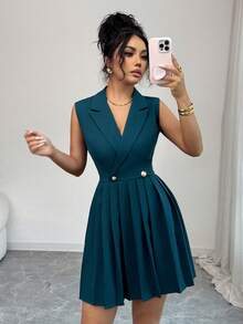Rafferiza Đầm ngắn không tay hai hàng khuy xếp ly dành cho nữ, thích hợp mặc đi làm, đi chơi, hẹn hò, thanh lịch, trang phục công sở, trang phục hẹn hò - Màu xanh ngọc - Xem 7