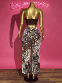Slaydiva Women Two Pieces Set Chic Summer Night Out Club All Shades Of Brown Textured PU Tube Top Vest + High Waist Wide Leg Printed Trousers Birthday Outfit - Multicolor - View 2