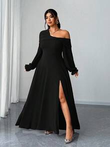 Elenzga 大码女士优雅浪漫派对/婚礼宾客雪纺不对称领长袖A字高开衩长裙，春/秋/冬 - 黑色 - 查看 3