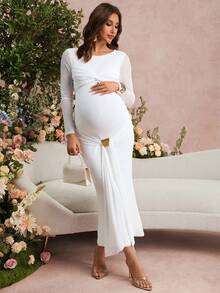 SHEIN 孕妇纯色网纱拼接扭结圆领长袖连衣裙 - 白色 - 查看 8