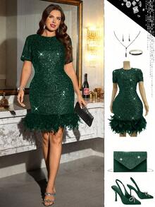 Ellevyn Váy lông vũ chắp vá sequin thời trang mùa hè cỡ lớn - Màu xanh lá cây đậm - Xem 1