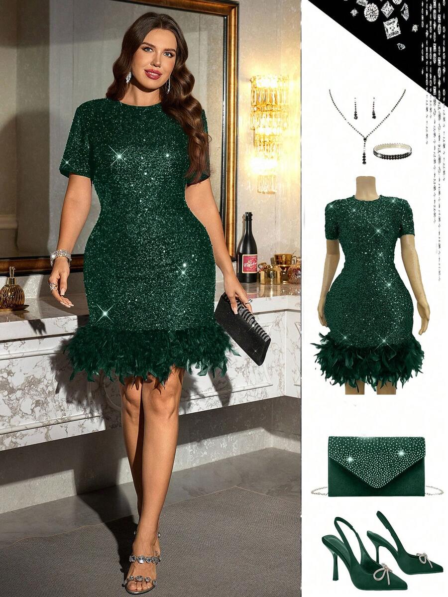 Ellevyn Váy lông vũ chắp vá sequin thời trang mùa hè cỡ lớn - Màu xanh lá cây đậm - Xem 1