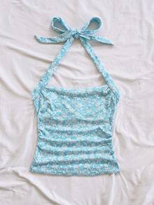 SHEIN WYWH Áo ba lỗ dệt kim ôm sát cổ yếm màu xanh dành cho nữ - Màu xanh nhạt - Xem 5