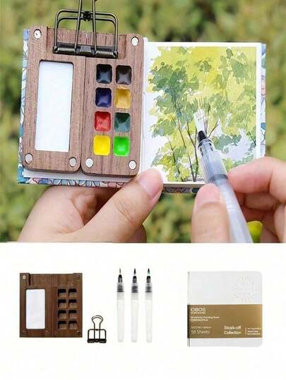 6pcs Mini Travel Palette Set, Portable Watercolor Kit, 8/15 Grid Paint Box, Sketchbook, Binder, And Brushes For Artists And Students