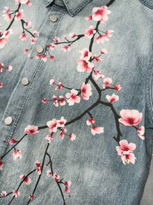 ROMWE MEN Men's Floral Print Long Sleeve Denim Shirt - Blue - View 4