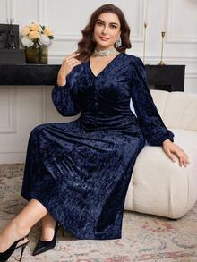 Modelyn Plus Size Solid Color Velvet Long Sleeve Elegant Casual A-Line Knit Dress, Autumn/Winter - Navy Blue - View 1