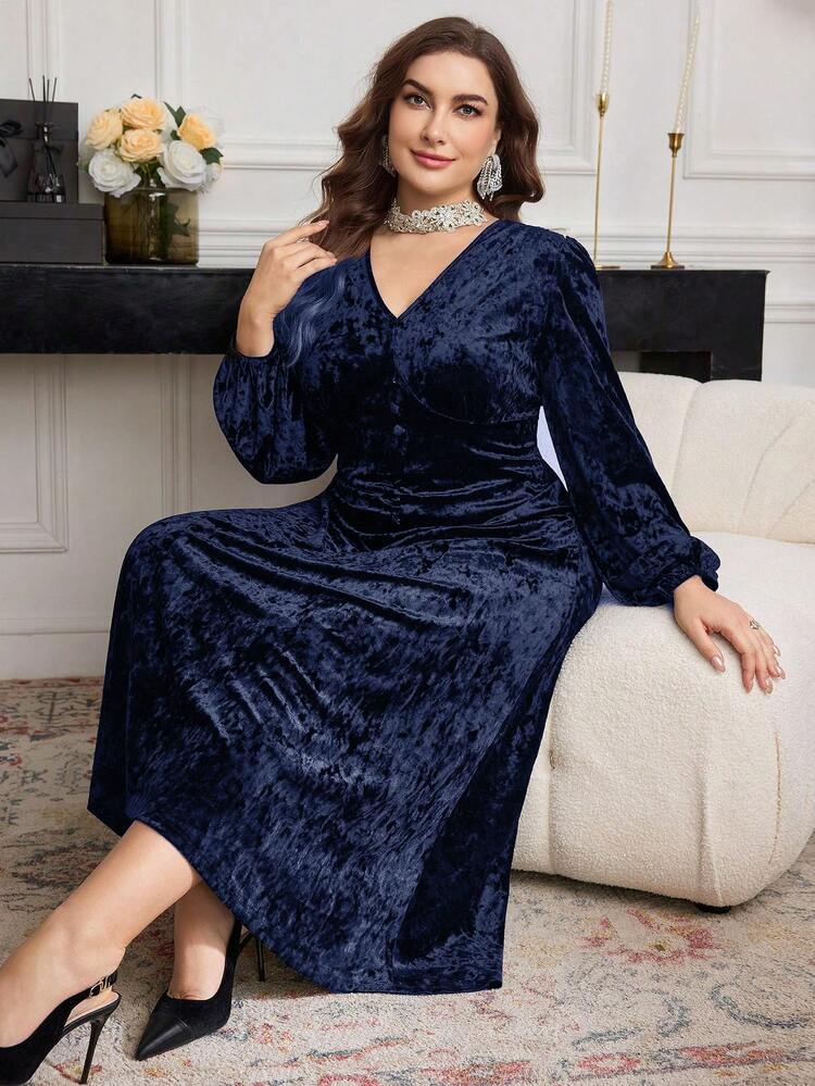 long sleeve velvet a line dress Modelyn Plus Size Solid Color Elegant Casual A-Line Knit Dress, Autumn/Winter TOMMY HILFIGER BLUE & Occasion:FORMAL Color:Rust Waist 33.1 (84 cm)