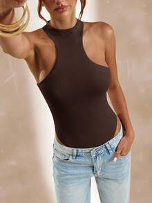 SHEIN BAE Women's Apricot Sleeveless Asymmetric Hollow Out Bodysuit, Tight Fitted, Spring/Summer - Coffee Brown - View 7