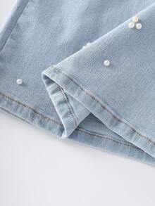 GlowEve Váy mini denim thời trang đa năng đính ngọc trai giả cho nữ - Màu xanh lam - Xem 3