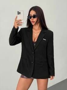 SHEIN PETITE 女士简约优雅黑色超大款西装外套，百搭实用，适合日常穿着、通勤、派对、约会、正式场合，秋冬季皆宜。 - 黑色 - 查看 1