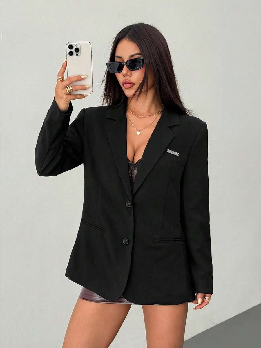 SHEIN PETITE 女士简约优雅黑色超大款西装外套，百搭实用，适合日常穿着、通勤、派对、约会、正式场合，秋冬季皆宜。 - 黑色 - 查看 1