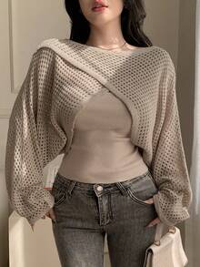 DAZY 2pcs Knitted Cover Up & Camisole Set, Casual Elegant Design Criss-Cross Knit Top, Fitted Women Sweater, Suitable For Autumn, Spring, Summer - Khaki - View 5