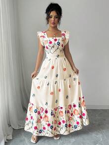 Elenzga Vestido casual de estilo vacacional con cuello cuadrado, mangas cortas y cintura ceñida con estampado colorido para mujer - Albaricoque - Ver 6