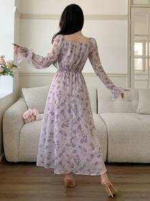 Feyla Women's Floral Print Frill Trim Square Neck Flare Sleeve Tie Waist Elegant Mid-Length Dress - Multicolor - View 2