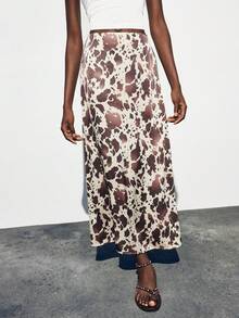 Maija 女士优雅时尚全印花半身裙 动物印花度假服 奶牛印花长裙 - 棕色 - 查看 7