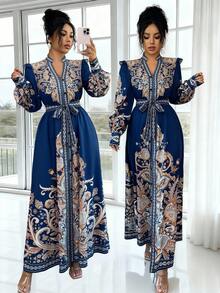 Rafferiza Modisches & elegantes, locker sitzendes Perris Placement Muster V-Ausschnitt Langarm Damen Kleid, Herbst/Winter - marineblau - Übersicht 3