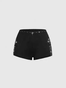 ROMWE Grunge Punk Women's Ultra Low Waist Skinny Rhinestone Cross Pattern Mini Shorts - Black - View 5