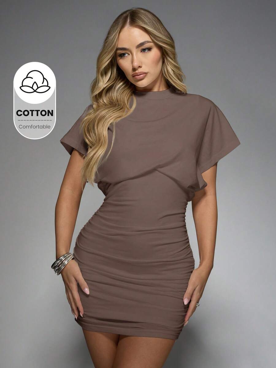 MISSGUIDED Ruched T-Shirt Mini Dress With Dramatic Dolman Sleeves Statement Shoulder Design Fitted Bodycon Style Perfect For Party Events And Evening Occasions Summer Dresses For Women - Mocha Brown - View 1