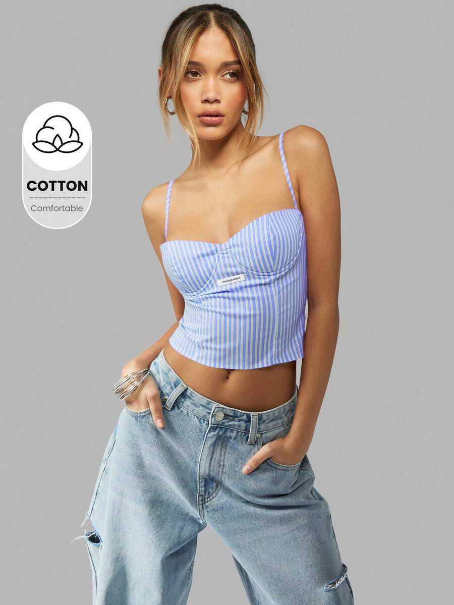MISSGUIDED Áo ba lỗ corset kiểu corset có sọc dọc Áo crop top bralette mùa hè có dây đeo mảnh cho kỳ nghỉ ở bãi biển - Xanh và trắng - Xem 1