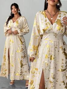 Elenzga Plus Size Elegant Gold Foil V-Neck Split Hem Maxi Dress,Beige Autumn Long Sleeve Silk Floral Wrap Caftan For Wedding,Curve Resort Wear Summer Dresses - Apricot - View 1
