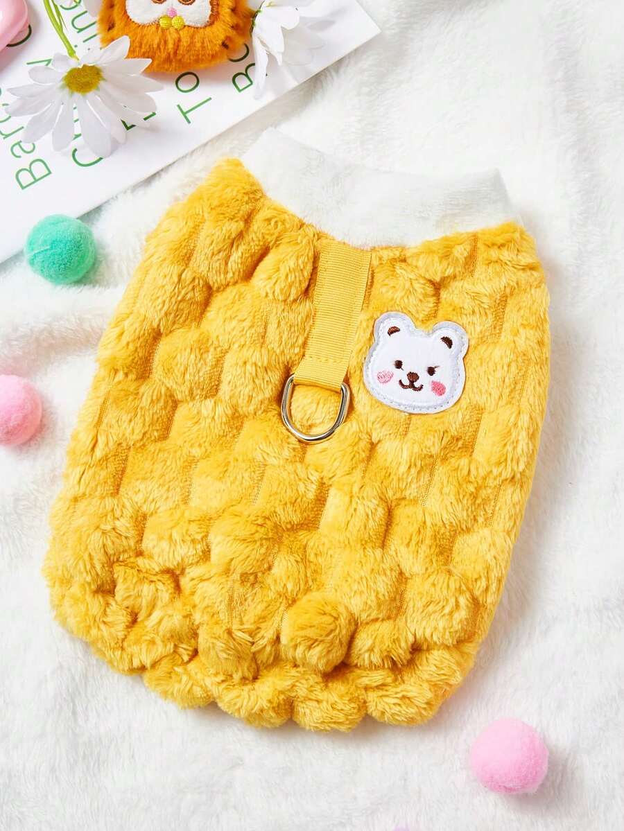 PETSIN 1件黄色格纹毛绒宠物背心带牵引扣秋冬加厚保暖可爱休闲宠物厚衣服 - 黃色 - 查看 1