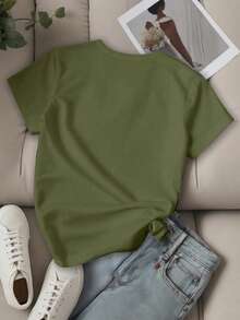 EMERY ROSE Camiseta de manga corta con estampado de lema y gráfico de LOS ANGELES para mujer - Verde militar - Ver 2