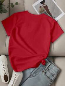 EMERY ROSE Women Printed T-Shirt With Slogan And Letter, Short Sleeve And Round Neck Top LOS ANGELES For New Year Clothes Graphic Tees Women Tops - Red - View 2