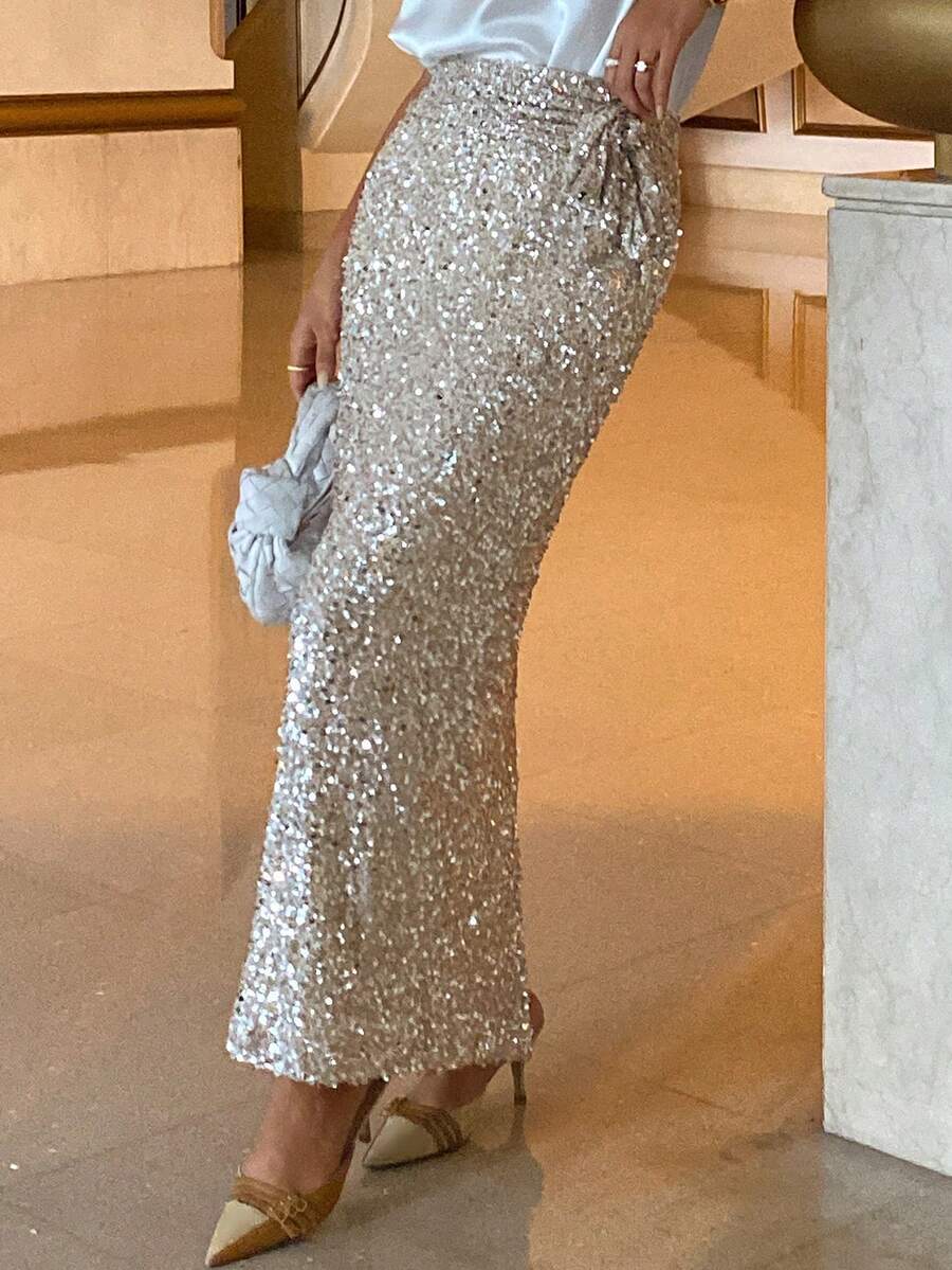 Livesso 优雅的金色亮片装饰半身裙，收腰设计，适合新年、圣诞节、婚礼、派对、正式场合、春秋季嘉年华等场合。 - 香檳色 - 查看 1