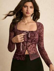 Poéselle Women's Elegant Floral Embroidery Front Tie Square Neck Top, Burgundy Top,,Casual, New Year's,Suitable For Daily Wear, Going Out, Commuting Fall/Winter - Red - View 4