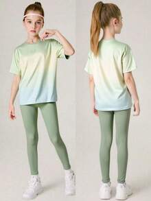 SHEIN 青少年女孩两件套：T 恤 + 紧身裤，瑜伽/运动/跑步锻炼，弹力，彩色，校园/街头风格运动服 - 薄荷綠 - 查看 5