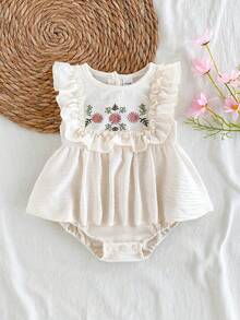 SHEIN Vintaside Kids Body bébé fille élégant et doux à fleurs brodées en apricot, printemps/été - Nude - Voir 3