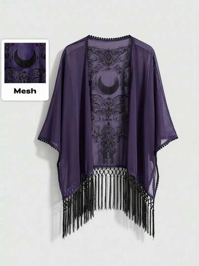 ROMWE EDITION Plus Size Women Romantic Gothic Vintage Baroque Vine Moon Pattern Flocked Fabric Spring/Summer Bohemian Texture Irregular Fringe Hem Cardigan Top, Seamless Shoulder