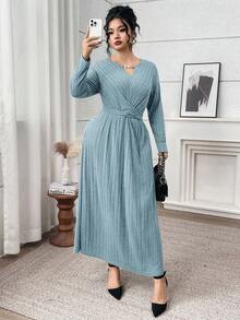 Modelyn Plus Size Women's Solid Color Keyhole Neck Long Sleeve Waist Criss-Cross Ribbed Fashionable Dress - Blue - View 5