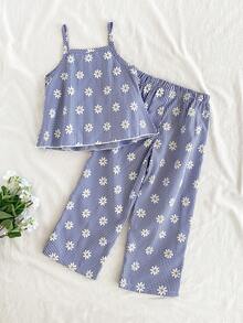 Vintaside Kids 两件套女童格纹碎花印花无袖上衣和配套长裤，修身款式，适合外出、休闲、运动、派对等场合。