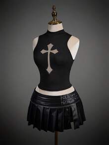 SHEIN ICON 女士修身休闲交叉网眼立领背心 - 黑色 - 查看 4